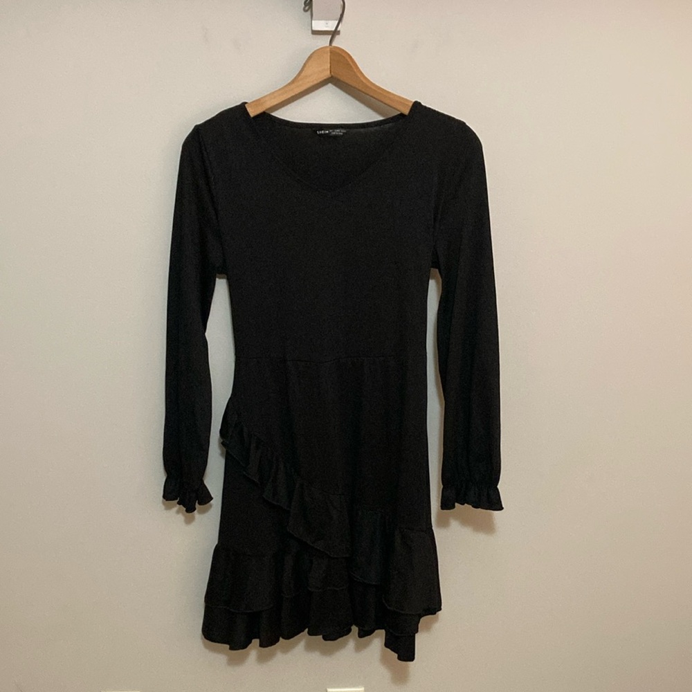 SHEIN Black Ruffled Fitted Long Sleeve Dress, size large